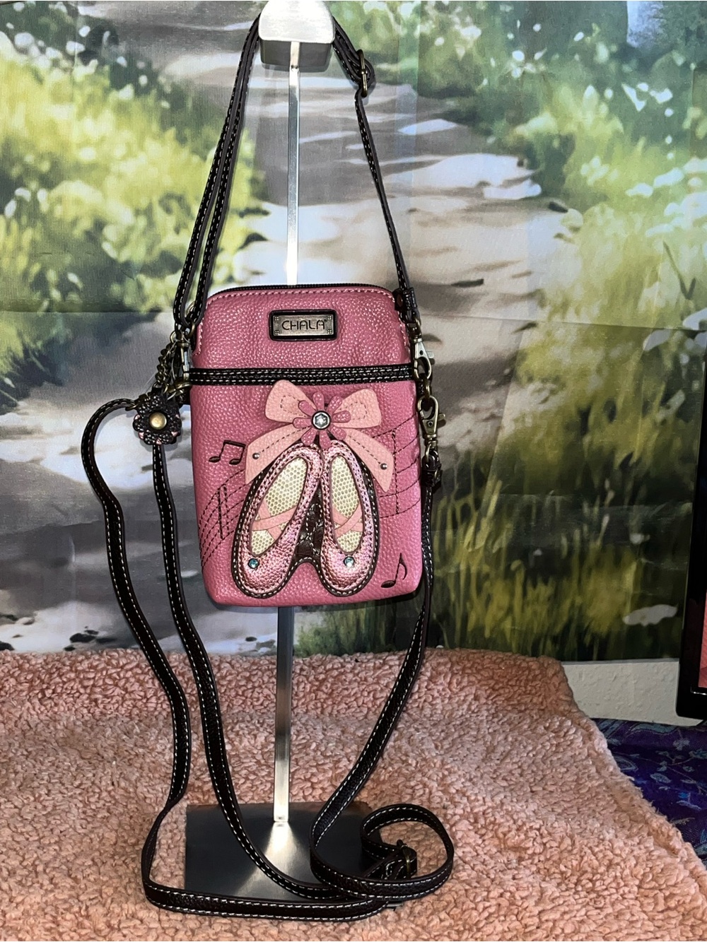 Chala Pink Ballet Slipper Crossbody with Black Trim and Bow Accent